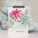 A handmade greeting card featuring a pink watercolor poinsettia, green layered foliage, and the word 'Glory' in large script, with 'Penny Black' branding at the top.