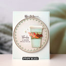 A handmade greeting card featuring a circular layered design with a coffee cup, autumn leaves, and the text 'thanks A BUNCH FOR ALL YOU DO.' The card is branded with 'Penny Black' at the bottom.