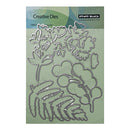 Penny Black Creative Dies 100% Metal Flower Die set, featuring multiple floral and leaf-shaped metal cutting dies on a light green backing card.
