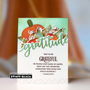 A handmade autumn-themed gratitude card featuring layered paper pumpkins and leaves in orange, green, and beige tones, with the word 'gratitude' in large green script. Below the illustration is a quote by Marcel Proud: 'LET US BE GRATEFUL TO PEOPLE WHO MAKE US HAPPY; THEY ARE THE CHARMING GARDENERS WHO MAKE OUR SOULS BLOSSOM.