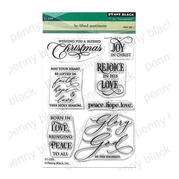 Penny Black 'Be lifted sentiment' clear stamp set, featuring multiple holiday-themed and inspirational quote stamps on a white background with a green and beige header card.