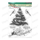 Penny Black 'For Transparents' clear set metal die 52056, featuring black and white stamped illustrations of a Christmas tree, birds, berries, and holiday phrases on a white card.