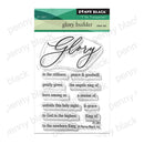 Penny Black 'glory builder' clear set stamp card, featuring various inspirational religious phrases like 'in the stillness', 'peace & goodwill', and 'to God in the highest'.