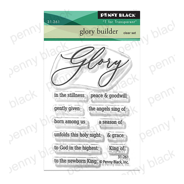 Penny Black 'glory builder' clear set stamp card, featuring various inspirational religious phrases like 'in the stillness', 'peace & goodwill', and 'to God in the highest'.