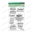 Penny Black 'Gratitude Sentiment' clear set of 10 monogram matting dies, featuring various inspirational gratitude quotes in different fonts on a white background.