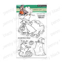 Penny Black 'Halloween Spirit' clear stamp set featuring black and white line art illustrations of a witch, ghost, cat, pumpkin, and the phrase 'you are meow-velous!' on a white background with a green header card.