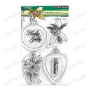 Penny Black 'for Transparent' Holly Jolly Ornaments clear set stamp card, featuring four transparent ornament-shaped stamp cavities with black line-art holiday designs including holly leaves, berries, pinecones, and the words 'Holly Jolly' and 'Christmas'.