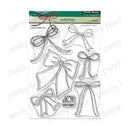 Penny Black clear stamp set featuring six different bow designs with black outlines, packaged in a clear plastic sleeve with a green and white header card.