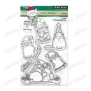 Penny Black 'Meowy Christmas' clear stamp set featuring six different cartoon cat illustrations wearing holiday hats and scarves, along with decorative text stamps, shown on its retail backing card.