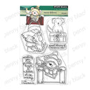 Penny Black '11 for Transparent' clear set stamp sheet featuring Christmas-themed cartoon bear and dog illustrations, gift boxes, and holiday phrases on a white background.
