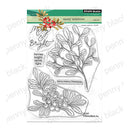 Penny Black Clear Stamps 'merry mistletoe' clear art set, featuring three clear stamp pieces with holiday illustrations and text, on a white background with a green header card.