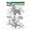 Penny Black 'Perched & Pine' clear stamp set featuring line-art illustrations of pinecones, holly leaves, berries, a bird, and Christmas phrases on a white background.