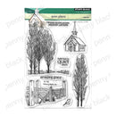 Penney Black 'quiet places' clear stamp set, featuring black and white line art illustrations of a church, trees, a fence, and inspirational phrases on a white background.