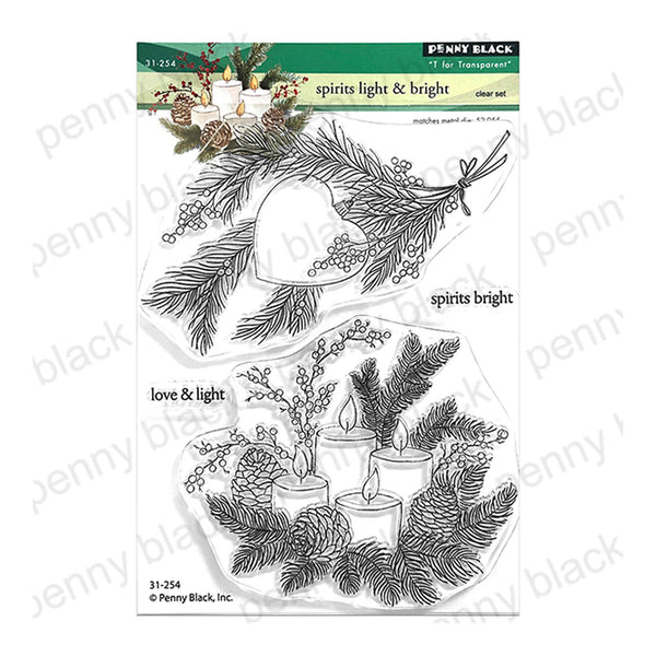 Penny Black 'spirits light & bright' clear set stamp package, featuring three clear stamp designs with pine branches, berries, candles, and a heart on a white background.
