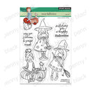 Penny Black 'sweet Halloween' clear stamp set, featuring four transparent illustrations of witch children with pumpkins, a broom, and seasonal phrases on a white backing card.
