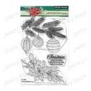 Penny Black 'For Treasures' Yuletide Adornment Clear Set (31-258), featuring clear stamp designs of pine branches with ornaments, poinsettias, holly, and a sentiment stamp on its original retail backing card.
