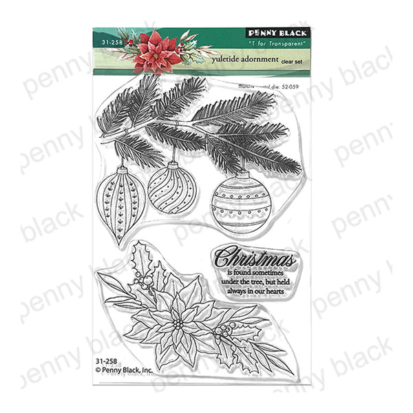 Penny Black 'For Treasures' Yuletide Adornment Clear Set (31-258), featuring clear stamp designs of pine branches with ornaments, poinsettias, holly, and a sentiment stamp on its original retail backing card.