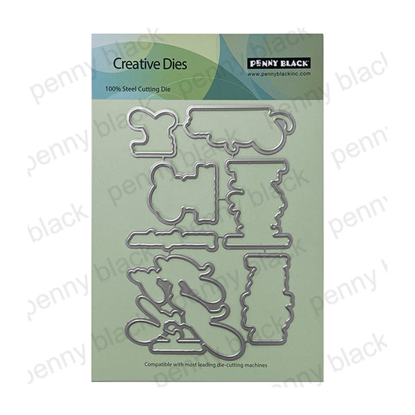 Penny Black Creative Dies steel cutting die set on a light green backing card, featuring multiple metal die-cut shapes.