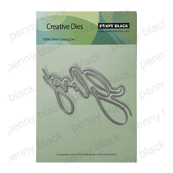 Penny Black Creative Dies 100% Steel Cutting Die in a light green package with a silver script die visible, on a white background with faint diagonal watermarks.