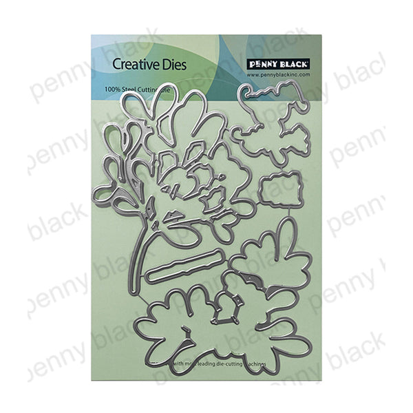 Fenny Black Creative Dies set featuring 100% steel cutting dies for floral and leaf designs, shown on their original light green packaging card.