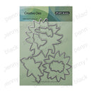 Penny Black Creative Dies 100% Steel Cutting Die set, featuring five metal leaf-shaped cutting dies mounted on a light green backing card.