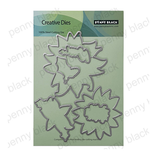 Penny Black Creative Dies 100% Steel Cutting Die set, featuring five metal leaf-shaped cutting dies mounted on a light green backing card.