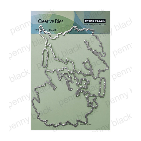 Penny Black Creative Dies 100-piece cutting die set in its original packaging, featuring silver metal cutting dies on a light green card.