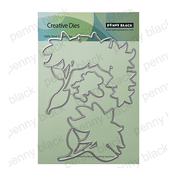 Penny Black Creative Dies metal cutting die set featuring a floral and leaf design, displayed on its green backing card.