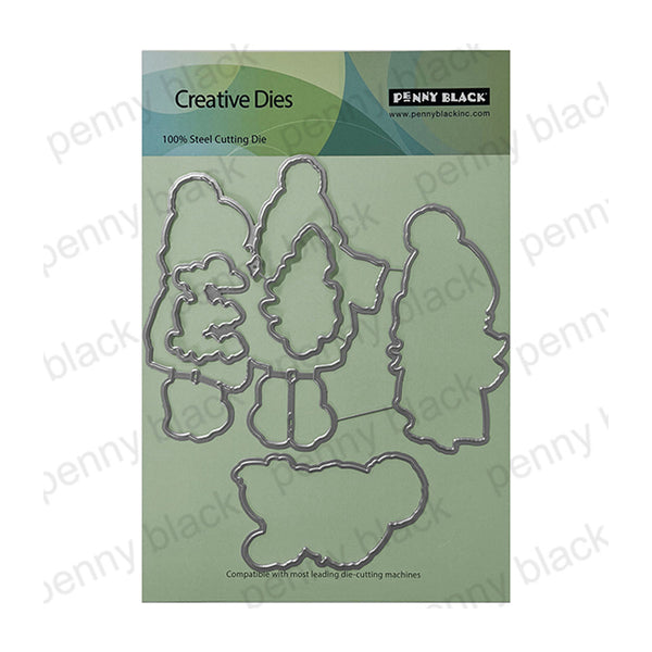 Penny Black Creative Dies 100% Steel Cutting Die set, featuring five metal die cutters for sewing and quilting machines, displayed on a light green backing card.