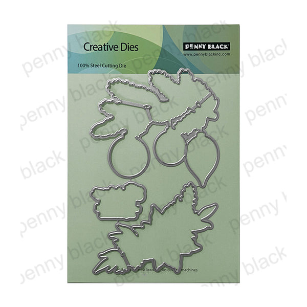 Penny Black Creative Dies set featuring four steel cutting dies in fruit and leaf shapes, presented on a light green backing card.