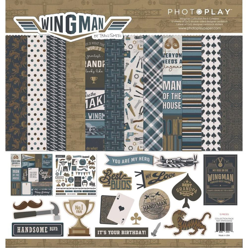 Collection of scrapbooking papers and embellishments with 'Wing Man' theme by PhotoPlay.