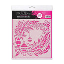 Pink Ink Designs 5x6 inch mixed media stencil featuring a festive wreath and holiday ornament pattern, in its original retail packaging.