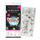 Bauble Bath Christmas Series stamp set by Pink Ink Designs, featuring a package of 12 photoresist stamps and a clear stamp sheet with black line-art designs of mice in a bathtub and festive motifs.