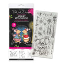 Stampin' Up! Designz Stamper Inspire Merry Kiss-Mouse Christmas Series 14-photo clear stamps in their retail packaging, shown next to the included clear stamp sheet with black-and-white holiday illustrations.