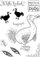 Dodo bird illustration with decorative elements and text on a white background