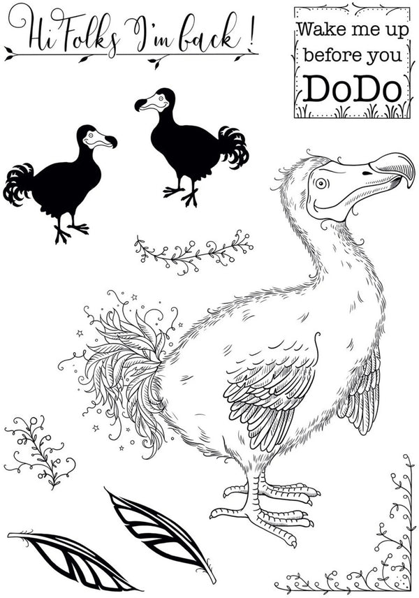 Dodo bird illustration with decorative elements and text on a white background