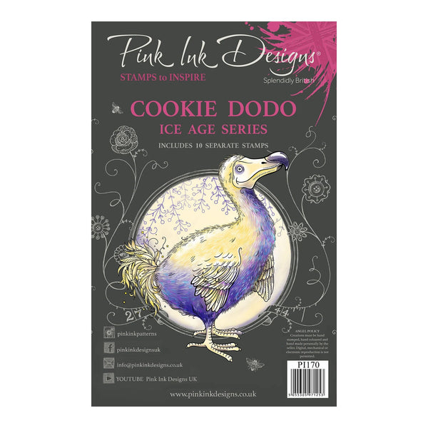 Packaging of Pink Ink Designs Cookie Dodo stamp set with illustration and branding.