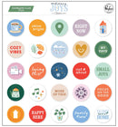 Collection of colorful round stickers with various phrases and designs on a white background.