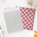 Celestial Quilt steel craft die set by Pinky Doodle Studio, featuring a sheet of silver star-shaped metal dies and a matching maroon grid guide, displayed on a white background with decorative elements.