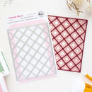 A flat-lay product photo of a Refined Studio Celestial Weave 1-piece high-quality metal cut die, showing both the silver steel cutting pattern and the pink and burgundy patterned backing sheet.