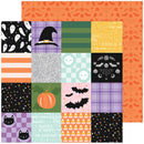 A square patchwork-style sheet showing multiple Halloween-themed pattern swatches, including ghosts, a witch hat, pumpkins, bats, spiders, candy corn, plaid, stripes, and orange patterned paper. This appears to be a color/pattern options image rather than a single physical product in use, so Color Swatch is the best fit.