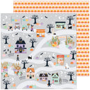 Halloween-themed paper with a village scene, candy corn pattern, and pumpkins.