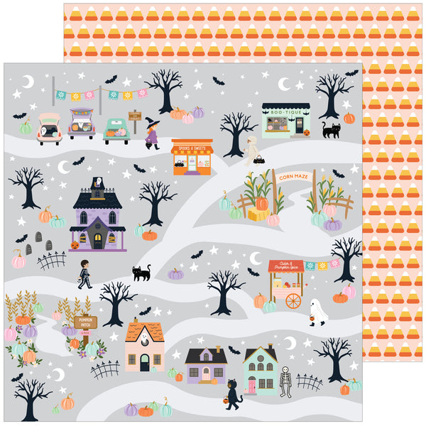 Halloween-themed paper with a village scene, candy corn pattern, and pumpkins.