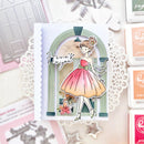 Card with a decorative design featuring a woman in a dress and text on a white background.