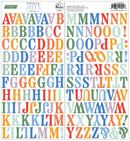 Colorful alphabet and number stickers on a white background