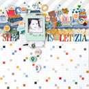 A scrapbook paper or craft layout sheet featuring a white grid background decorated with colorful stickers, layered paper elements, small colored dots, and decorative text including 'IS LETZIA' and 'love this'.