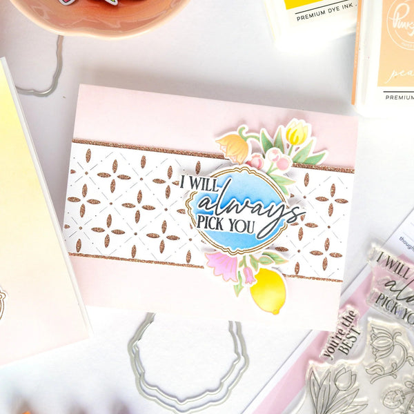 Card with 'I will always pick you' text and floral design, surrounded by crafting supplies.