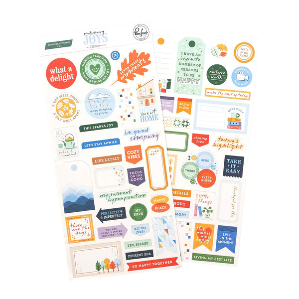 Two sheets of 'Ordinary Joys' planner stickers featuring colorful text labels, icons, and decorative elements on a clean white background.
