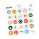 A sheet of round sticker charms from Ordinary Joys, featuring 22 colorful circular stickers with various positive phrases and illustrations on a white background.