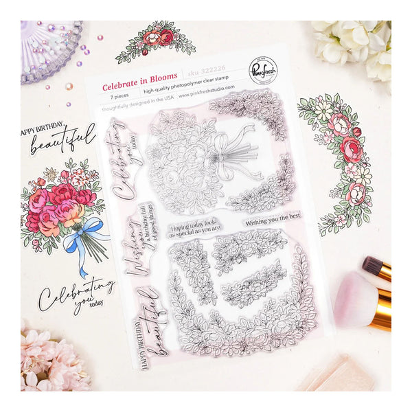 Clear stamp set with floral and decorative designs on a white background